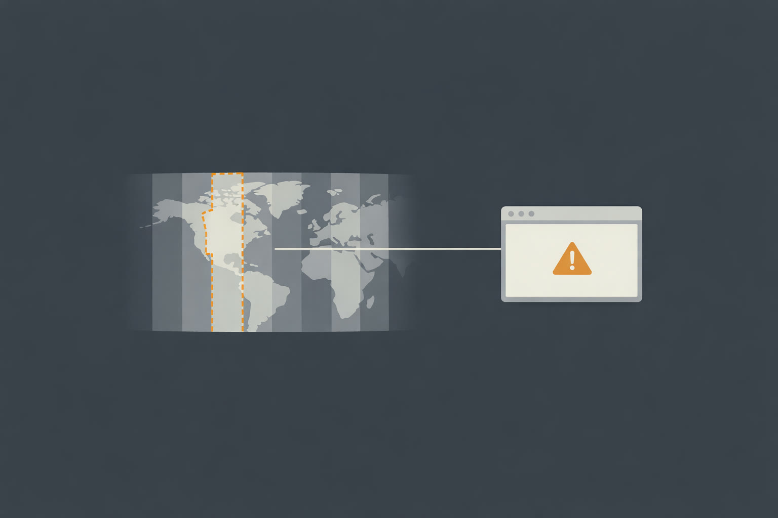 A world map with one missing time zone over western Canada, connected to a browser window showing a warning