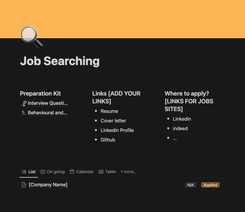 job interviews tracking notion template